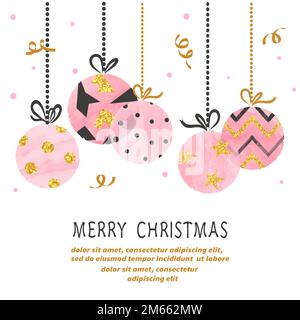Merry Christmas card with watercolor balls. Vector illustration. Stock Vector