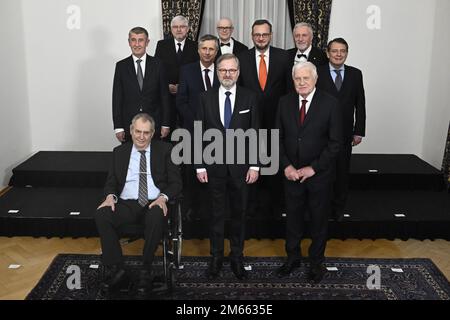 Czech PM Petr Fiala (Civic Democrats, ODS) met nine of his predecessors in Prague Kramar's villa, the official residence of Czech PMs, Czech Republic, January 2, 2023, at a dinner on the occasion of the 30th anniversary of the establishment of independent Czech Republic after Czechoslovakia split. From left front Czech President Milos Zeman, Czech Prime Minister Petr Fiala, Vaclav Klaus, second row from left Andrej Babis, Jan Fischer, Mirek Topolanek, Jiri Paroubek, third row from left Jiri Rusnok, Vladimir Spidla. (CTK Photo/Ondrej Deml) Stock Photo