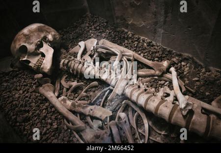 An old human skeleton lying in a stone coffin or sarcophagus Stock Photo