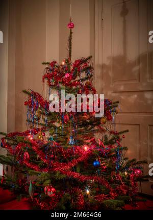 Red Christmas tree with shadow on grey white wall in corner Stock Photo