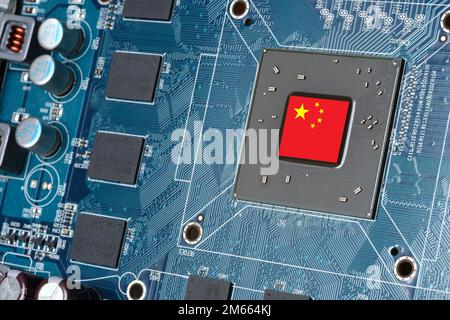 China flag on a processor, central processing unit CPU or microchip on a motherboard. Concept for the battle of global microchips production between C Stock Photo