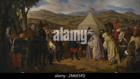 Moroccan Peace (Treaty of Wad Ras). Peace treaty signed in Tetouan between Spain and Morocco on 26 April 1860. It concluded the Hispano-Moroccan War after the successive defeats suffered by Morocco. Oil on canvas by Jose Chaves (1839-1903), 1880. Copy of an original by Joaquin Dominguez Becquer. Army Museum. Toledo, Spain. Stock Photo