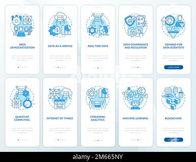 Data science technology trends blue onboarding mobile app screens set Stock Vector