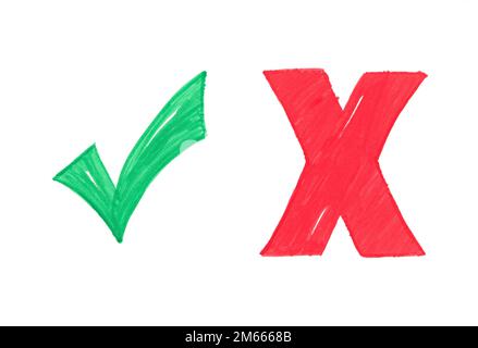 Check marks drawn by hand by means of color markers, isolated on white background. Scanned original. Stock Photo