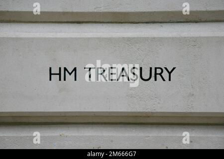 A sign for His Majesty's Treasury in the City of Westminster, London, United Kingdom, Europe Stock Photo