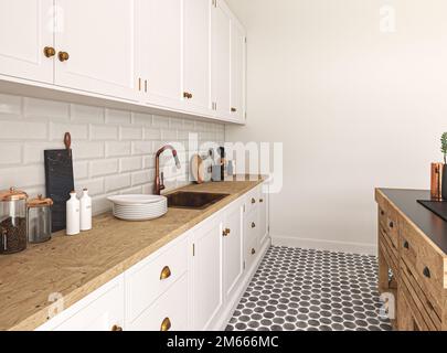 Mock up poster frame in country kitchen interior background. Scandinavian style. 3d render. High quality 3d illustration Stock Photo