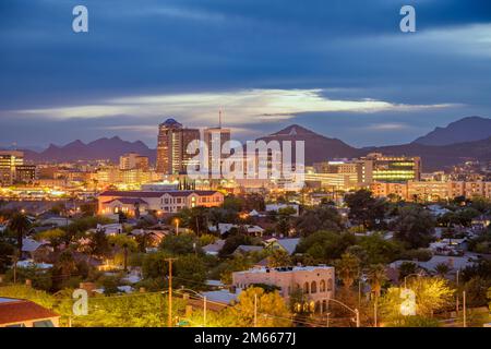 Tucson, Arizona, USA downtown skyline with Sentinel Peak at dusk. (Mountaintop 'A' for 'Arizona') Stock Photo