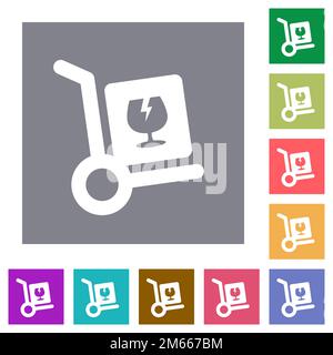Fragile parcel delivery solid flat icons on simple color square backgrounds Stock Vector