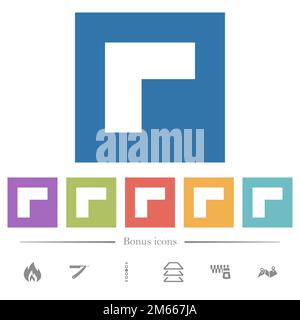 Top left 90 degrees angle arrow solid flat white icons in square backgrounds. 6 bonus icons included. Stock Vector