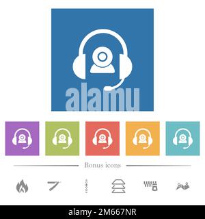 Video assistance solid flat white icons in square backgrounds. 6 bonus icons included. Stock Vector