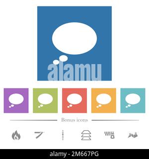 Single oval thought bubble solid flat white icons in square backgrounds. 6 bonus icons included. Stock Vector