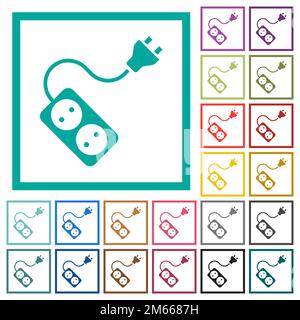 Portable electrical outlet with two sockets and extension cord and plug solid flat color icons with quadrant frames on white background Stock Vector