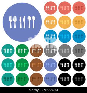 Flatware multi colored flat icons on round backgrounds. Included white, light and dark icon variations for hover and active status effects, and bonus Stock Vector