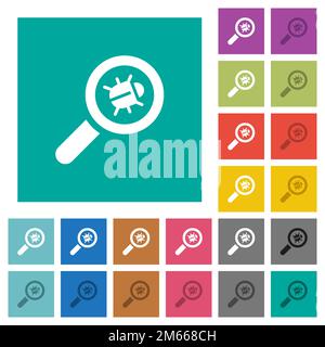 Bug tracking multi colored flat icons on plain square backgrounds. Included white and darker icon variations for hover or active effects. Stock Vector