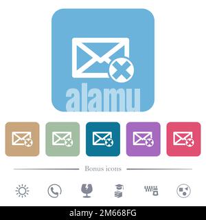 Delete mail white flat icons on color rounded square backgrounds. 6 bonus icons included Stock Vector