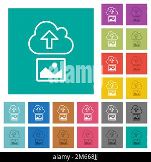 Upload image to cloud outline multi colored flat icons on plain square backgrounds. Included white and darker icon variations for hover or active effe Stock Vector
