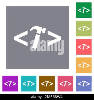 Web development with hammer flat icons on simple color square backgrounds Stock Vector