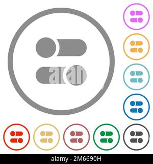 Horizontal toggle switches solid flat color icons in round outlines on white background Stock Vector