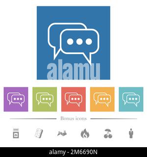 Two rounded square active chat bubbles outline flat white icons in square backgrounds. 6 bonus icons included. Stock Vector
