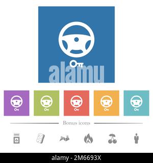 Steering lock flat white icons in square backgrounds. 6 bonus icons included. Stock Vector