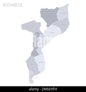 Mozambique political map of administrative divisions - provinces and capital city of Maputo. Grey vector map with labels. Stock Vector