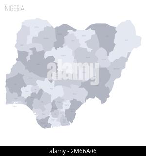 Nigeria political map of administrative divisions - states and federal capital territory. Grey vector map with labels. Stock Vector