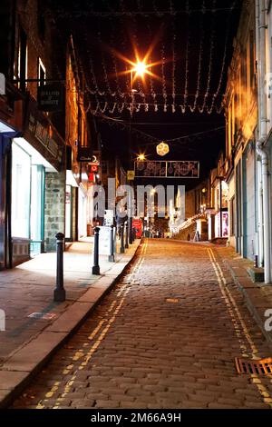 Sheep Street Skipton, North Yorkshire at night with Christmas lights. Stock Photo