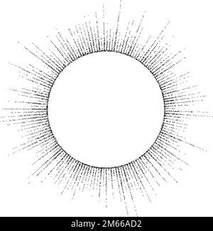 Dotted sunbeams round frame. Black grainy sunburst template. Textured stipple rays separator and divider. Vintage design elements for labels, badges. Stock Vector