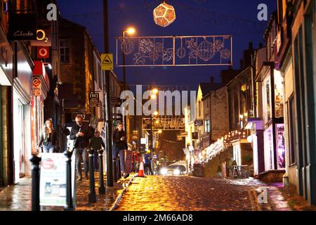 Sheep Street Skipton, North Yorkshire at night with Christmas lights. Stock Photo