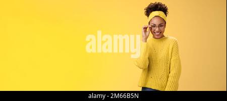 Attractive friendly charismatic female programmer frontend developer smiling broadly check glasses nose look confident lucky have excellent idea Stock Photo