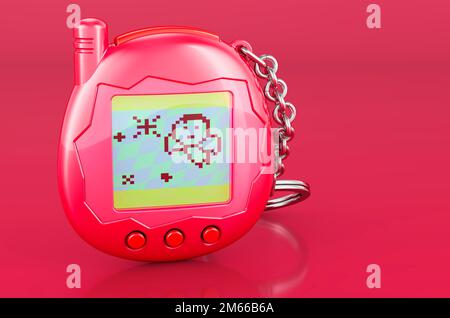 Tamagotchi game, pets pocket game in trending viva magenta colors, 3D rendering Stock Photo