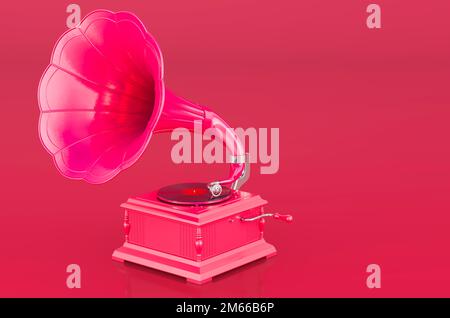 Retro phonograph, vintage gramophone in trending viva magenta colors, 3D rendering Stock Photo