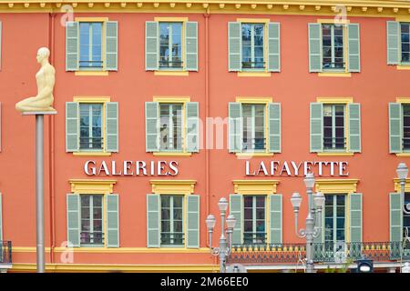 Facade of Gallery Lafayette on the Place Massena. Nice, France - December 2022 Stock Photo