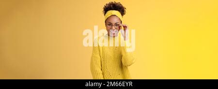Attractive friendly charismatic female programmer frontend developer smiling broadly check glasses nose look confident lucky have excellent idea Stock Photo