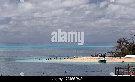 371 Beach and beachgoers at the NW end of Green Island-Wunyami of the Great Barrier Reef. Cairns-Australia. Stock Photo