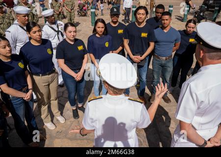 SAN ANTONIO, Texas (Apr. 7, 2022) -- Rear Adm. Cynthia Kuehner, commander of Naval Medical Forces Support Command, gives advice to future Sailors before Navy Day at the Alamo. Navy Day at the Alamo is an annual Fiesta event, hosted by Naval Technical Training Center (NTTC)-Lackland, in which Navy units from around Joint Base San Antonio area demonstrate their mission set. Stock Photo