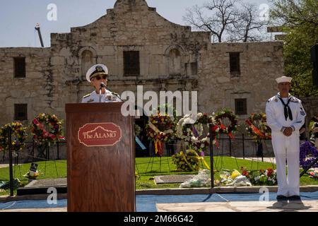 SAN ANTONIO, Texas (Apr. 7, 2022) -- Rear Adm. Cynthia Kuehner, commander of Naval Medical Forces Support Command, addresses the audience during Navy Day at the Alamo. Navy Day at the Alamo is an annual Fiesta event, hosted by Naval Technical Training Center (NTTC)-Lackland, in which Navy units from around Joint Base San Antonio area demonstrate their mission set. Stock Photo