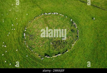 Beltany prehistoric stone circle. Raphoe, Donegal, Ireland. Neolithic and Bronze Age ritual site 2100-700 BC. Outlier stone top right. Aerial Stock Photo