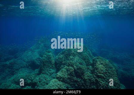 Underwater seascape in the Mediterranean sea, sunlight through