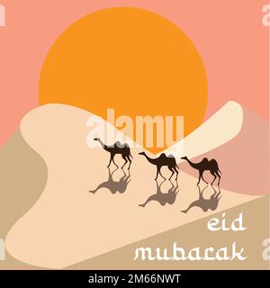 Camels walking on the desert during sunset Stock Vector