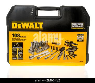 Winneconne, WI - 5 December 2022: A package of Dewalt mechanics tool set on an isolated background. Stock Photo