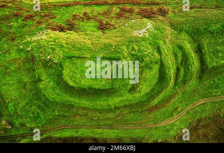 Dun Nosebridge multivalate prehistoric Iron Age fort hillfort above the River Laggan, Islay, Inner Hebrides, Scotland. Aerial. Looking S.E. Stock Photo