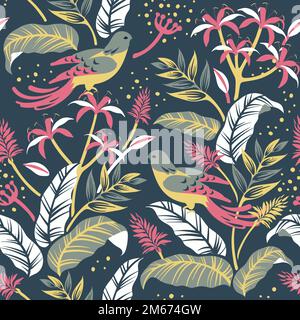 Colorful birds in nature seamless patterned background vector Stock Vector