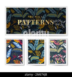 Colorful birds in nature seamless patterned backgrounds set vector Stock Vector