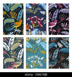 Colorful birds in nature seamless patterned backgrounds set vector Stock Vector