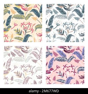 Pastel birds in nature seamless patterned backgrounds set vector Stock Vector