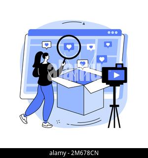 Unboxing video abstract concept vector illustration. Unboxing new item, product review video, shopping device content, homemade advertising, blog mone Stock Vector