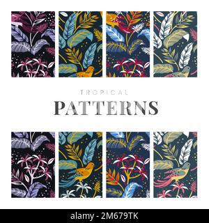Colorful birds in nature seamless patterned backgrounds set vector Stock Vector