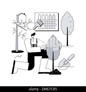 Garden renovation abstract concept vector illustration. Landscaping service, garden maintenance, planting and seeding, flower bed, trees and shrubs, h Stock Vector