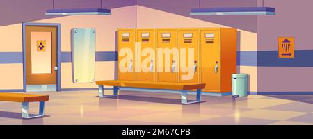 Empty dressing room background with individual metal lockers, benches, mirror and shower sign on wall. Contemporary vector illustration of space for changing clothes at school, sports gym or hospital Stock Vector